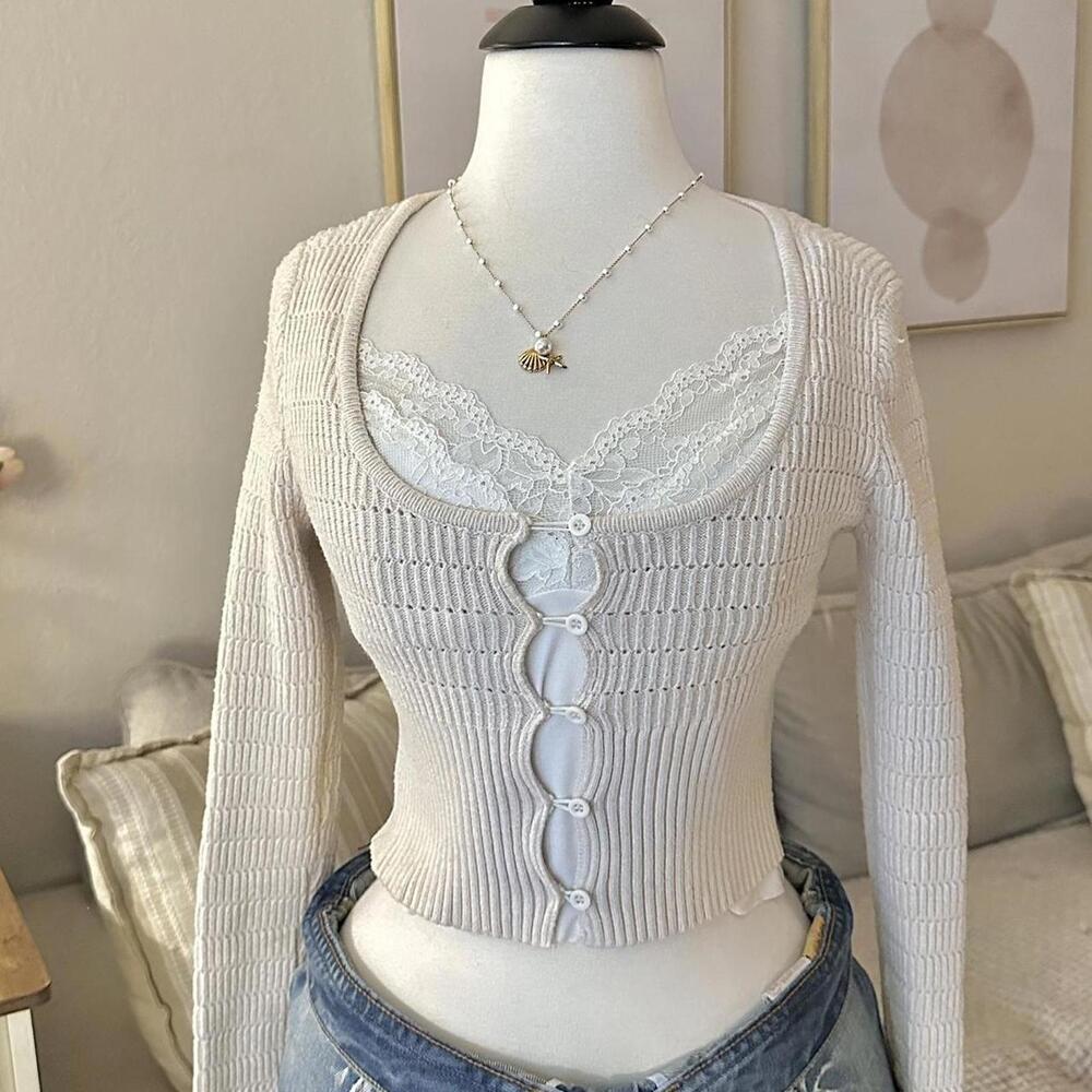 L.A. Hearts Cream Ribbed Button Cardigan - Picture 2 of 3